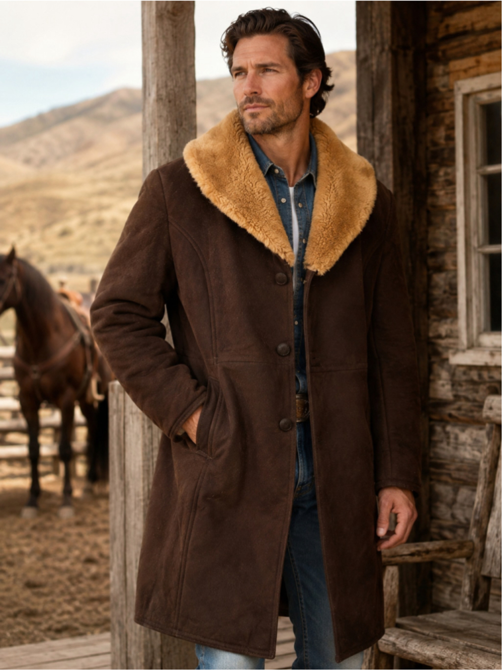 Vintage Shearling Coat Men M Sheepskin Rancher Cowboy 70s Style Western Brown